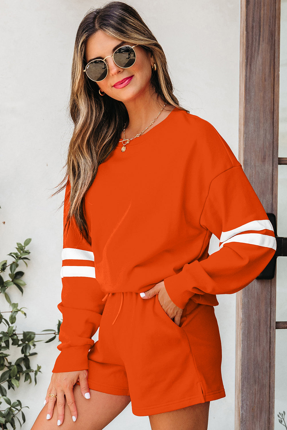 Varsity Striped Sleeve Drop Shoulder Sweatshirt and Short Set