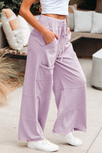 Mineral Wash Exposed Seam Drawstring Elastic Waistband Wide Leg Cargo Pants