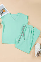 Solid Color V Neck Tee Drawstring Pant Set
