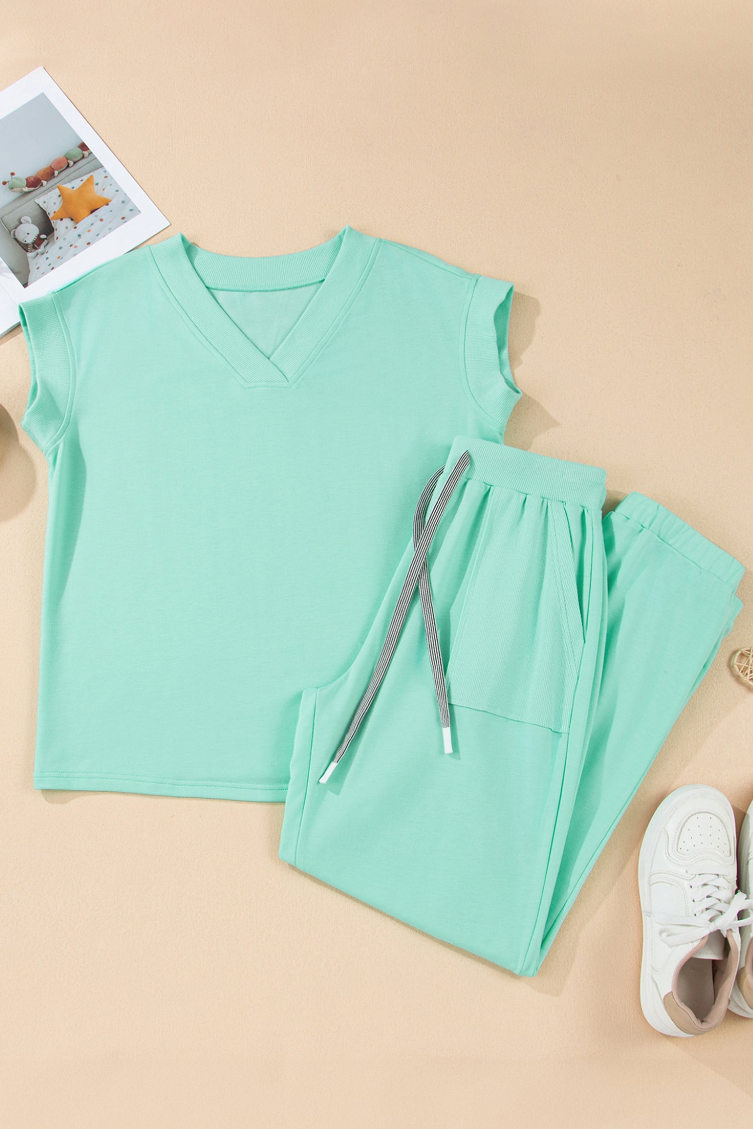 Solid Color V Neck Tee Drawstring Pant Set
