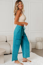 Mineral Wash Lace-up High Waist Raw Hem Patched Pocket Pants