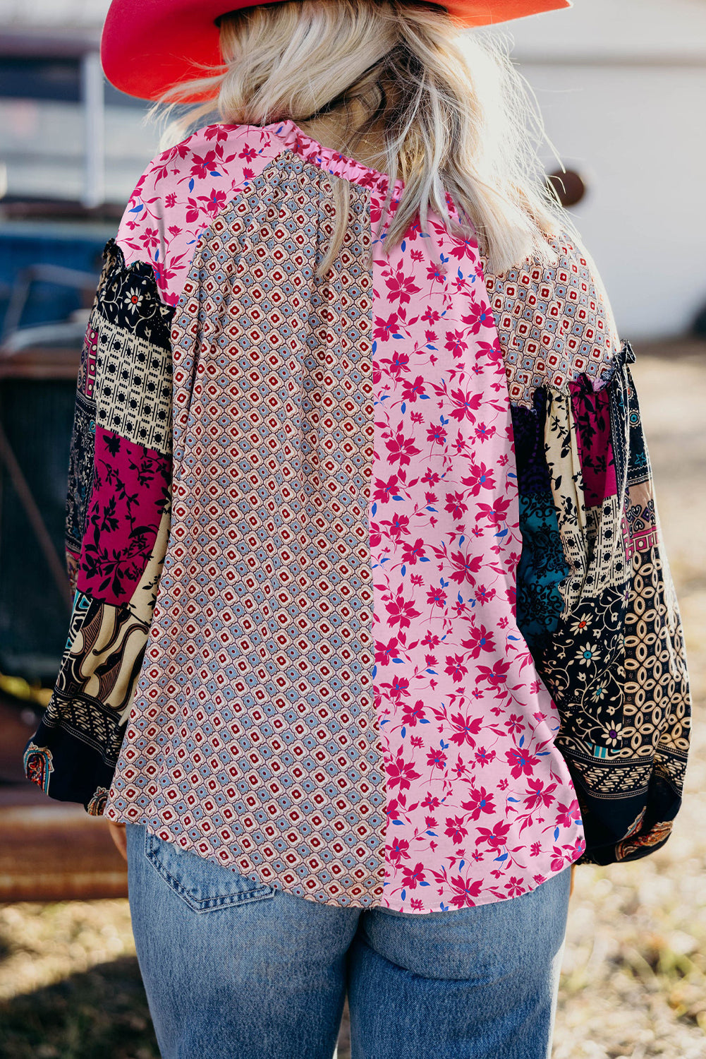 Pink Boho Mixed Floral Drop Shoulder Bubble Sleeve Blouse