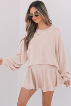 Corded Lantern Sleeve Top High Waist Ruffled Mini Skirt Set