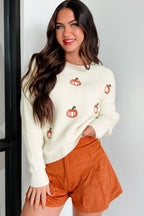 Beige Pumpkin Embroidered Ribbed Thanksgiving Halloween Holiday Sweater