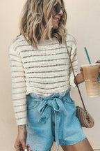 White Hollow Out Knit Round Neck Sweater