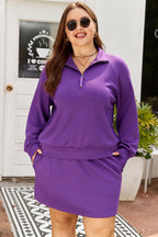 Wisteria Collar Half Zip Pullover Mini Skirt Plus Size 2pcs Set
