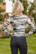 Western Fashion Camouflage Print Mesh Long Sleeve Top