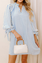 Sky Blue Stripe Knotted Bracelet Sleeve Notched Neck Shift Mini Dress