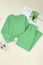 Light Pink Drop Shoulder Puff Sleeve Crop Pullover Drawstring Wide Leg Pants Set