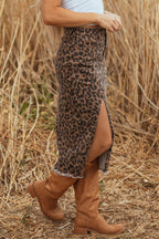 Leopard Denim Frayed Split Denim Midi Skirt