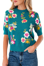 Blue Flower Pattern Mock Neck Short Sleeve Knitted T Shirt