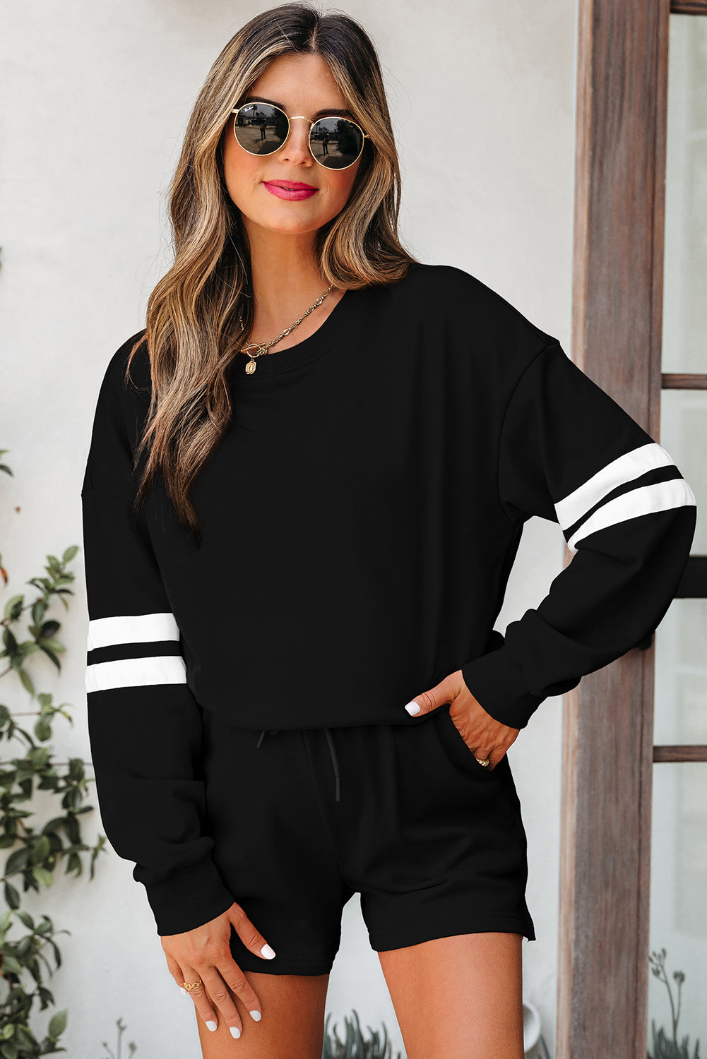 Varsity Striped Sleeve Drop Shoulder Sweatshirt and Short Set