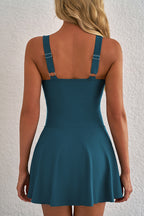 Navy Blue Adjustable Straps Cutout Ruched Knot Slit One Piece Swim Dress