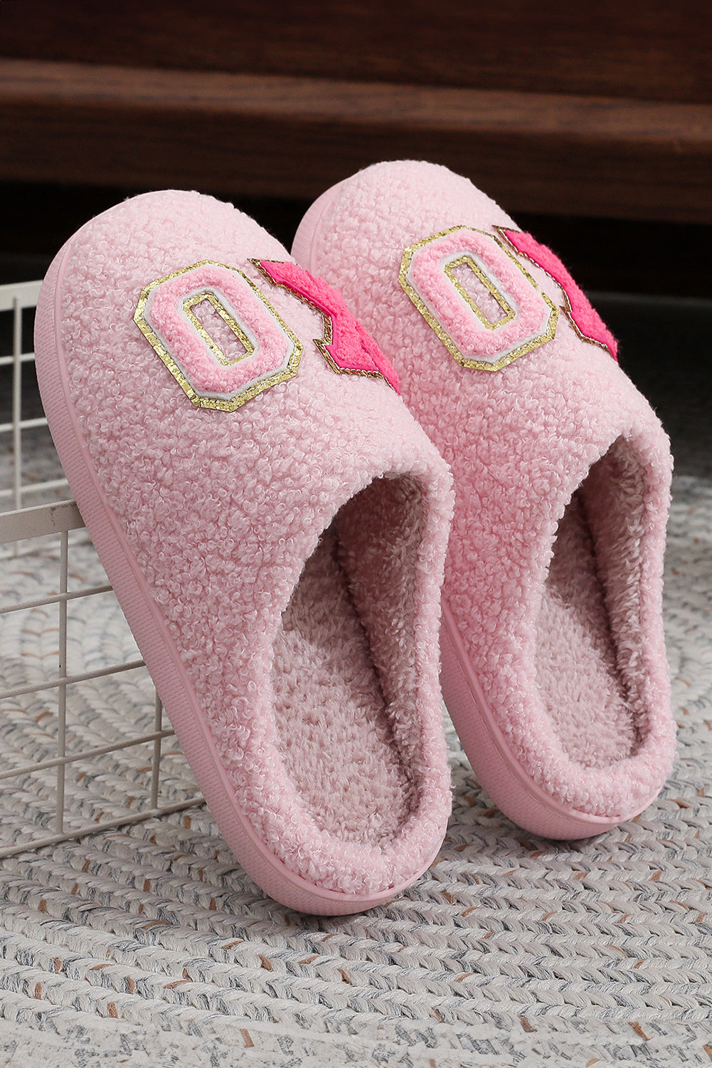 XO XO Glitter Trim Letter Patched Plush House Slippers