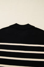 Black Stripe Polo Collar Puff Sleeve Sweater Mini Dress