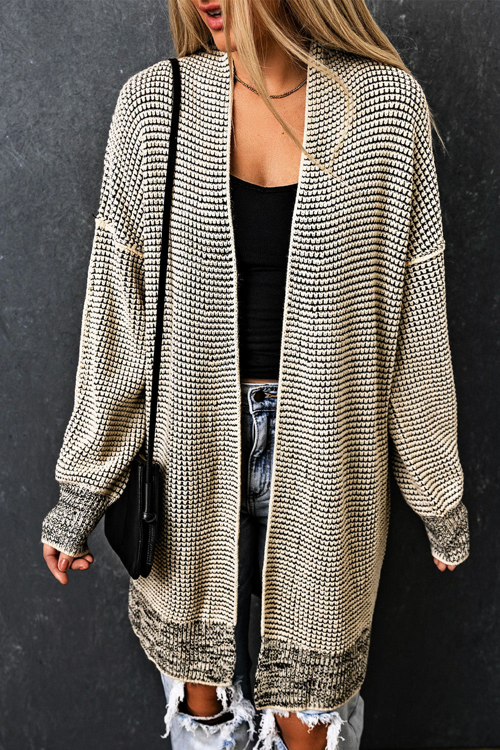 Grey Plaid Knitted Long Open Front Cardigan