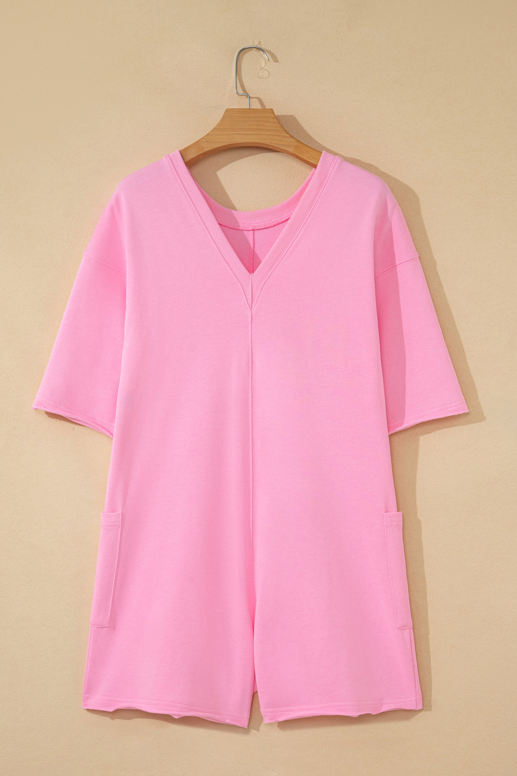 Pink Solid Color Raw Edge Half Sleeve Pocketed Loose Romper