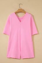 Pink Solid Color Raw Edge Half Sleeve Pocketed Loose Romper