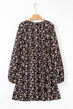 Black Floral Deep V Neck Smocked Bust Bubble Sleeve Babydoll Dress