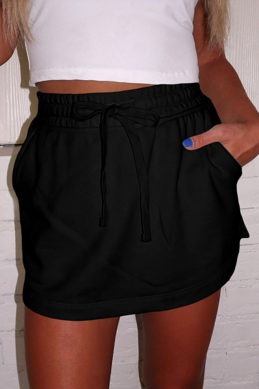 French Terry Drawstring Elastic Waistband Mini Skort with Pockets
