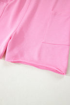 Pink Solid Color Raw Edge Half Sleeve Pocketed Loose Romper