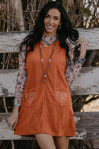 Gold Flame Corduroy Western Embroidered Patched Pocket Shift Sleeveless Mini Dress