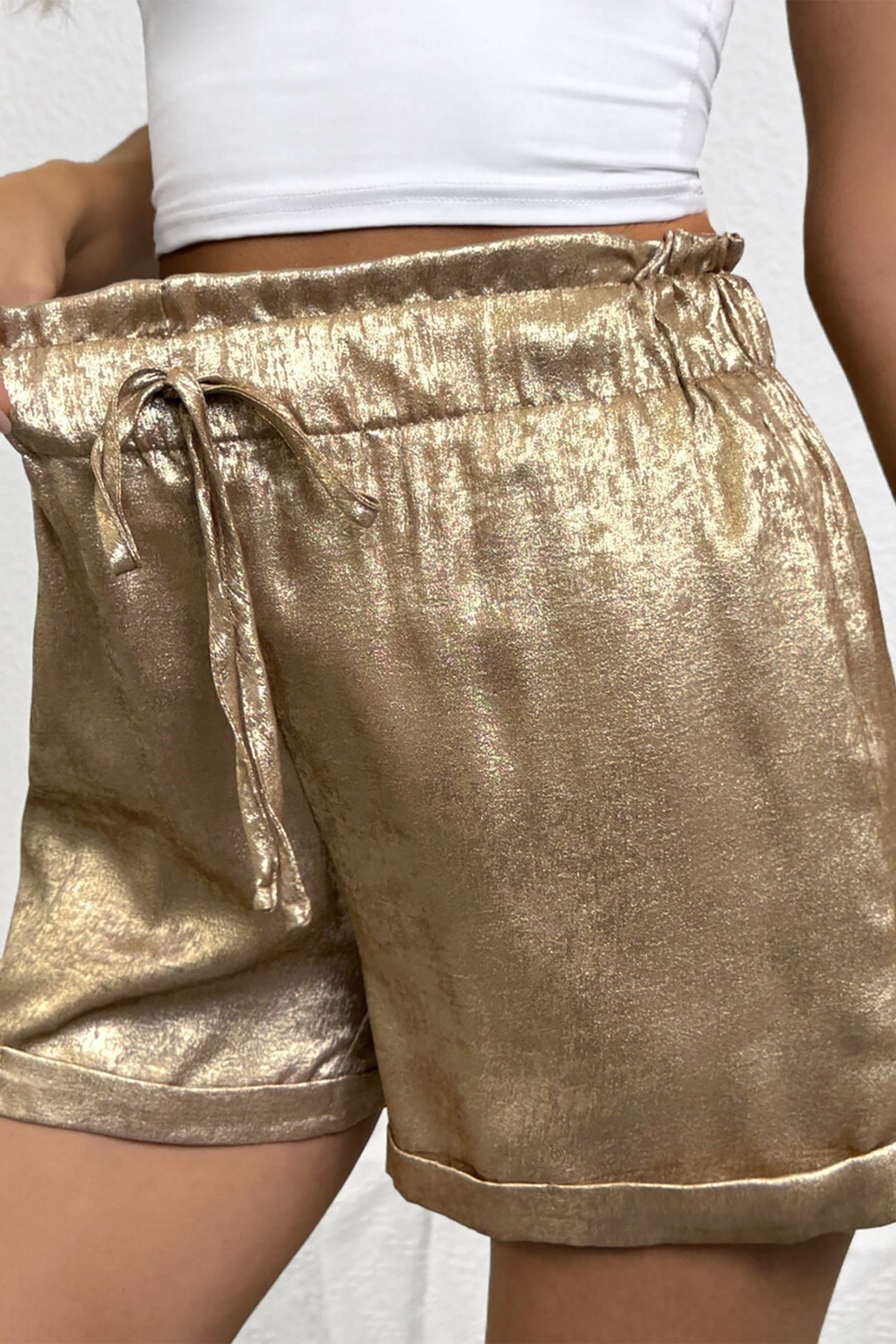 Gold Metallic Luster Tie Elastic Waist Cuffed Hem Shorts