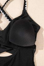 Beau Blue Ric Rac Trim Contrasted Patchwork Cutout One Piece Swimsuit