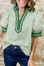 Green Stripe Collared Split Neck Short Bubble Sleeve Blouse