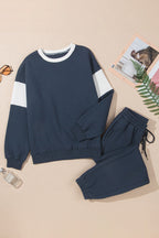 Navy Blue Drop Shoulder Loose Sweatshirt and Joggers Active Set