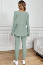 Ribbed Notched Neck Knit Long Sleeve Leggings Two Pieces Lounge Set