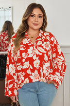 Red Plus Size Floral Print Loose Button Up Shirt