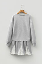 Light Grey Lace Patchwork Drop Shoulder Pullover Drawstring Skort 2pcs Outfit