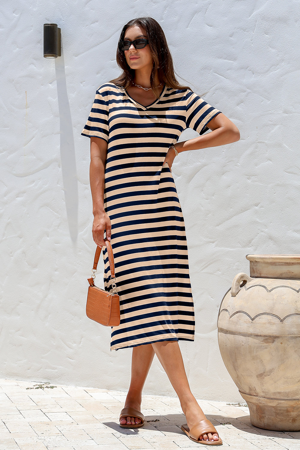 Striped Print V Neck Maxi Dress with Side Splits