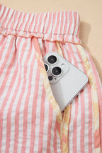 Light Pink Floral Trim Ribbon Knot Striped Casual Shorts