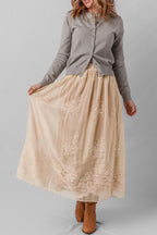 Oatmeal Embroidered Mesh Overlay Flowy Long Skirt