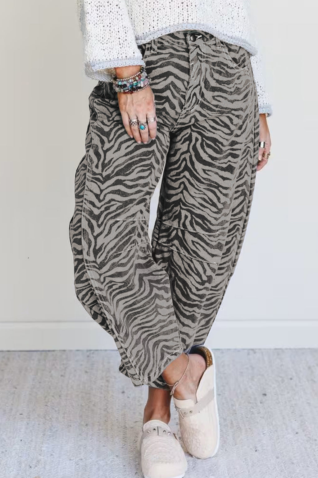 Gray Zebra Stripe Printed Wide Leg Jeans