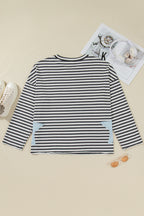Gray Stripe Contrast Star Stitched Plus Size Long Sleeve Top