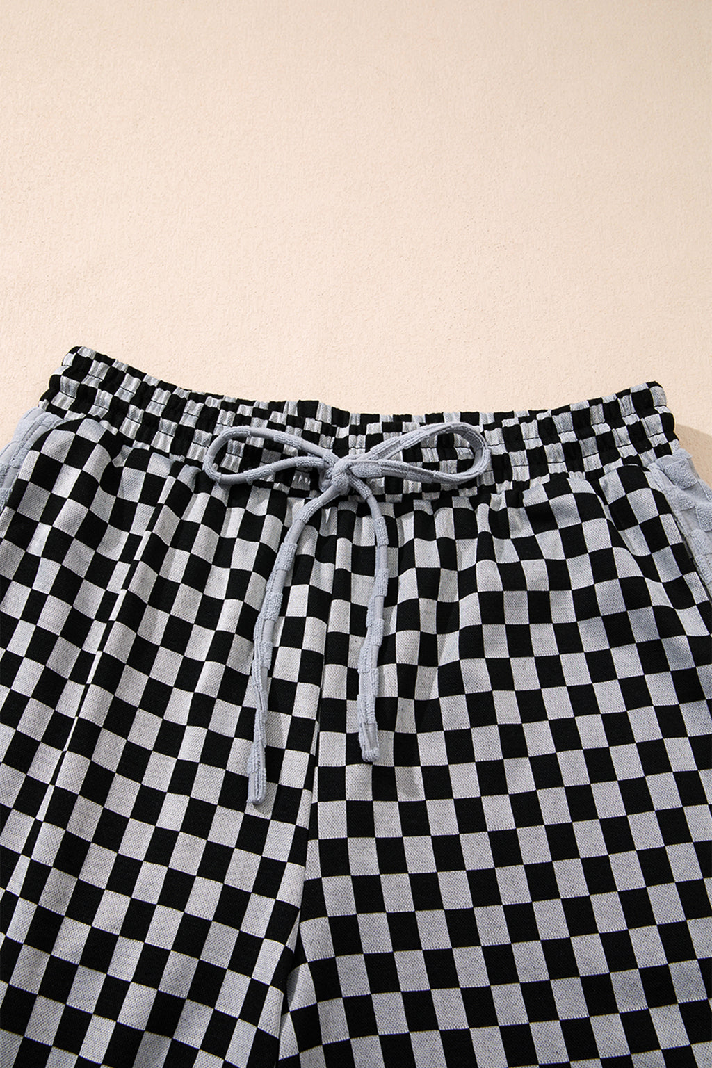 White Checkerboard Drawstring Waist Casual Pants