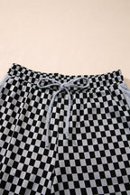 White Checkerboard Drawstring Waist Casual Pants
