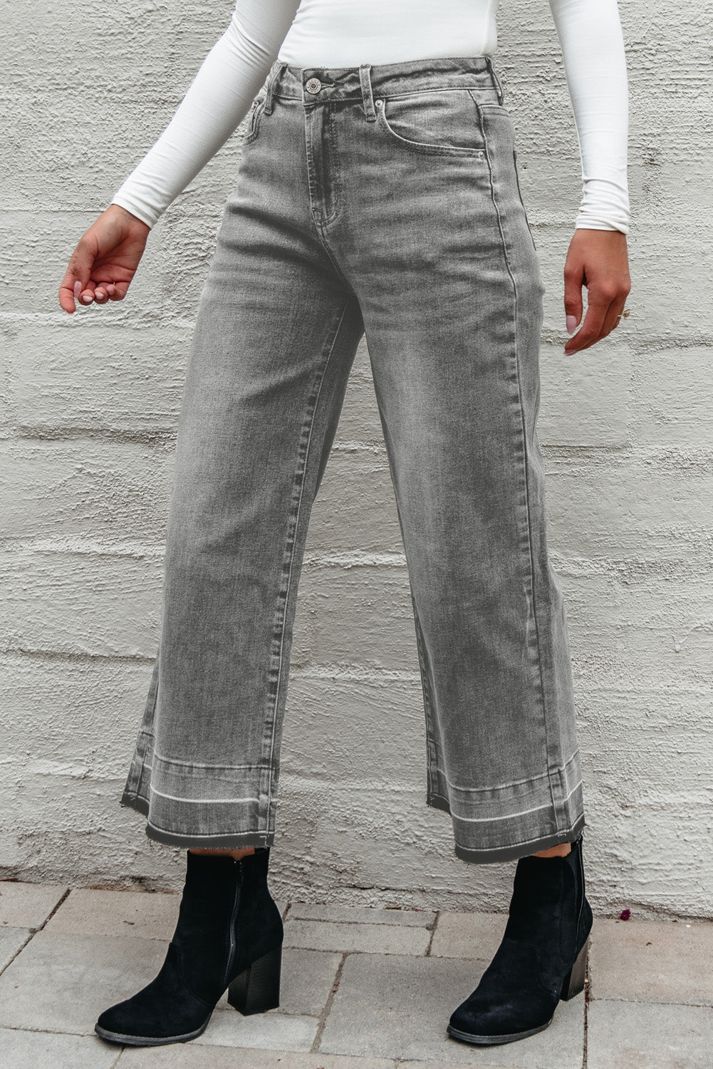 Grey Raw Hem Straight Leg Loose High Waist Jeans