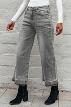 Grey Raw Hem Straight Leg Loose High Waist Jeans