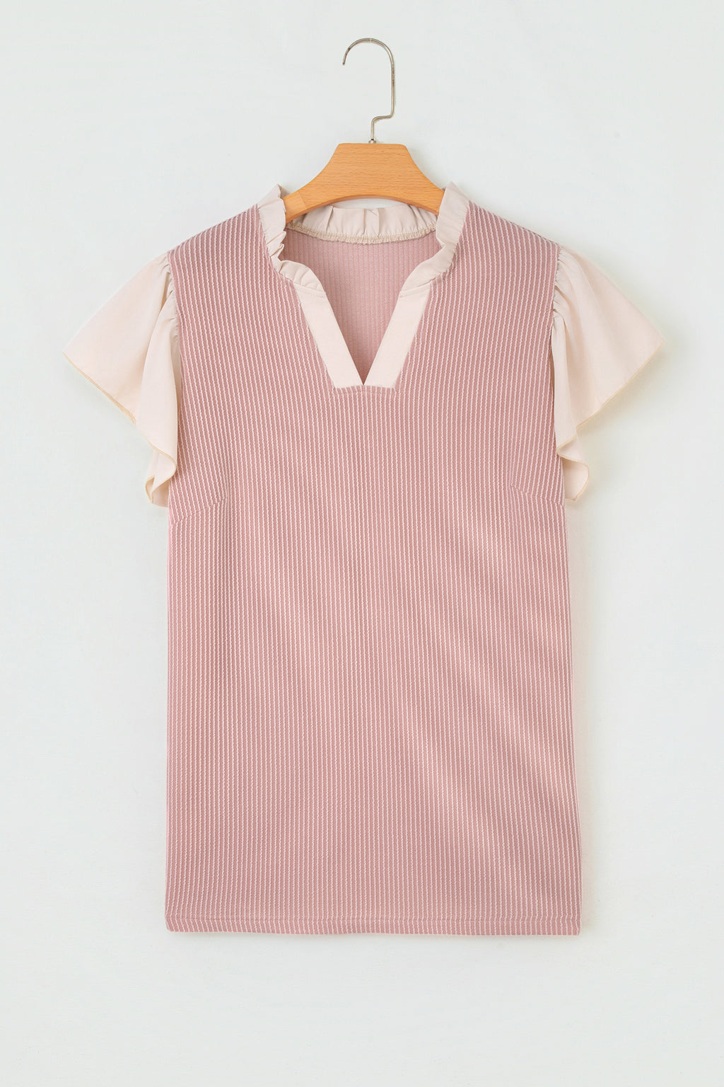 Plus Size Contrast Frilled Neckline Ruffled Short Sleeve Ribbed Textured Blouse