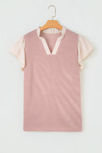 Plus Size Contrast Frilled Neckline Ruffled Short Sleeve Ribbed Textured Blouse