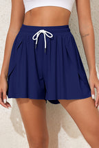 Navy Blue Drawstring Elastic Waist Lined Ruffle Shorts Bikini Bottom