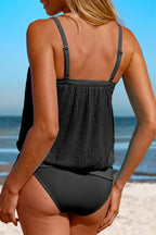 Turquoise Striped Mesh Knotted Hem Tankini Swimsuit