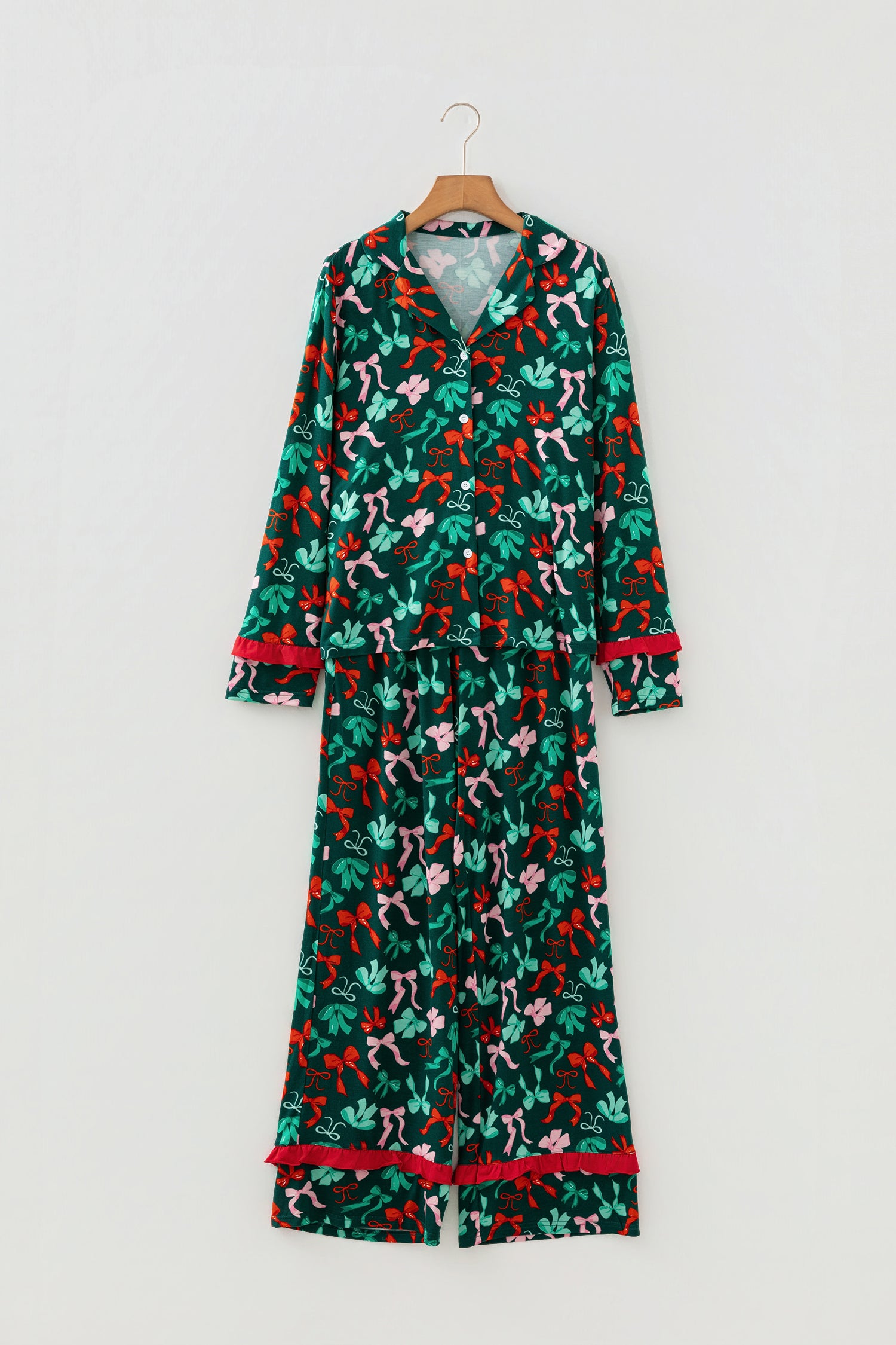 Green Festive Bow Print 2pcs Pyjama Pant Set