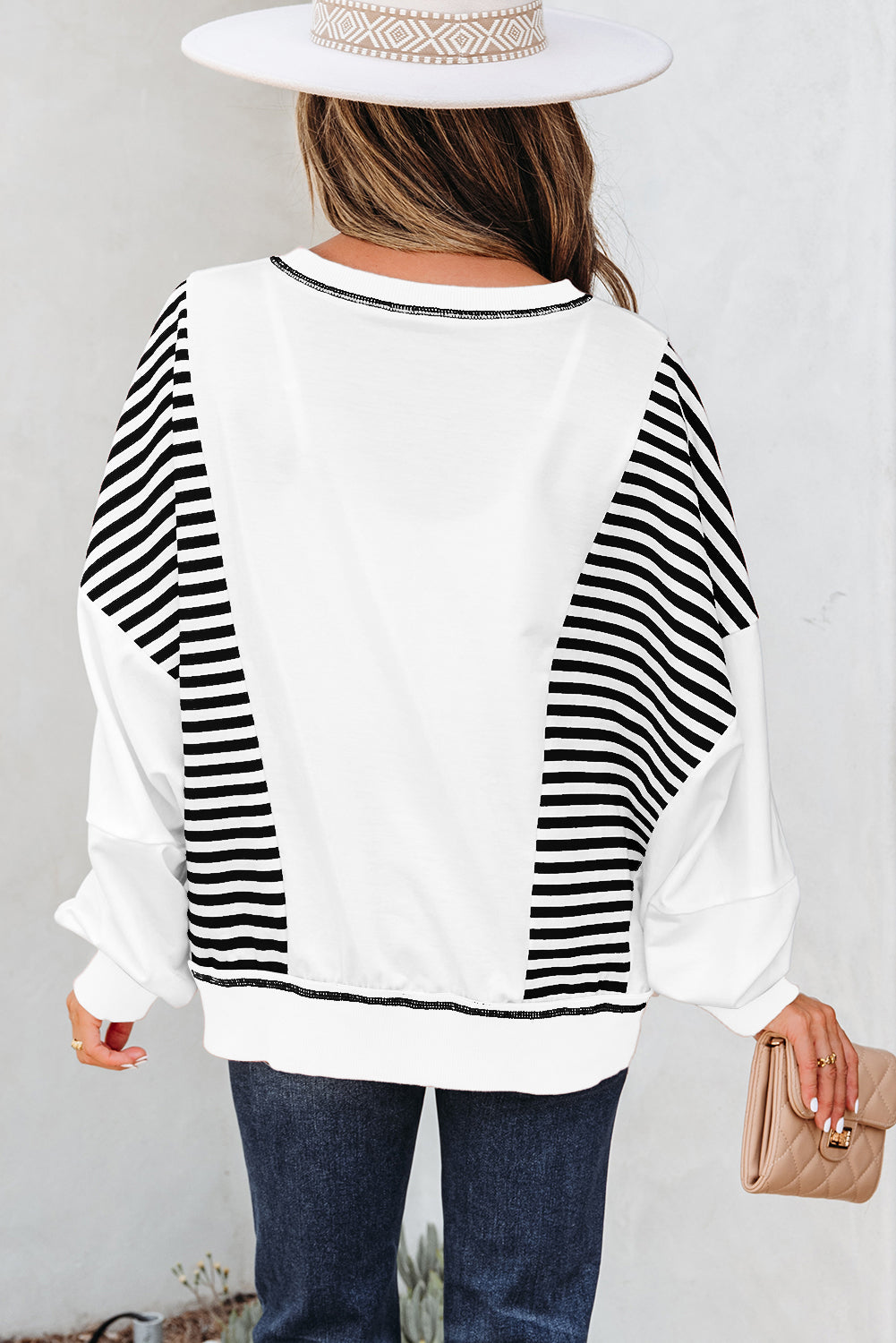 Green Stripe Colorblock Patchwork Contrast Stitching Oversize Sweatshirt
