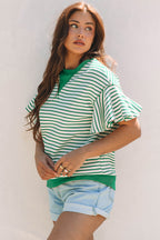 Bright Green Contrast Detail Striped Ruffle Short Sleeve Top