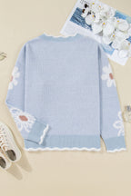 Gray Fuzzy Flower Scalloped V Neck Plus Size Sweater